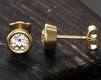 Diamond Stud Earrings: Round 5mm Bezel Set - Solid Gold