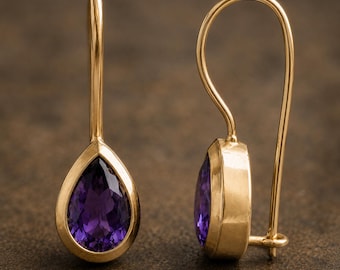 Pear Amethyst Drop Earrings, 18K Gold Earrings, February Birthstone, Handmade Bezel Set Gemstone Earrings