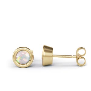 Round White Opal Stud Earrings: 5mm Gold Vermeil Bezel Set