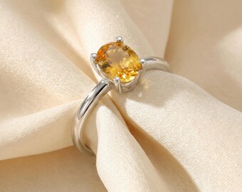 Sterling Silver Citrine Ring, Oval Prong November Birthstone Anniversary Gift