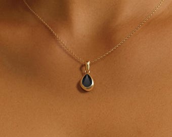 Faceted Onyx Pendant Necklace: Yellow Gold Teardrop (Women’s Jewelry)
