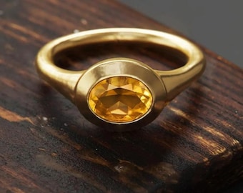 Natural Citrine Signet Ring: Oval 24k Gold Vermeil, November Birthstone