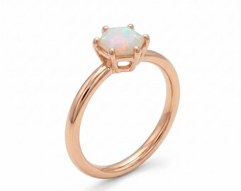 Hexagon Opal Ring - Rose Gold Vermeil, Modern Prong Design