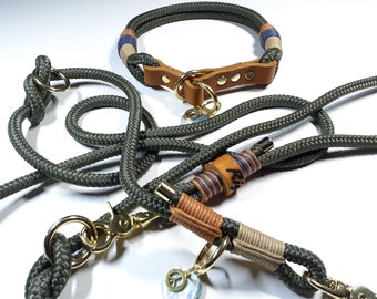 Martingale collar | Dog collar | Dog leash 2.5 m olive green | 3-way adjustable | Rope and leather combination | Personalizable with name