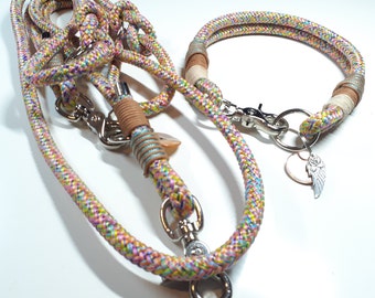Dog collar with snap fastener, dog leash "ANGEL" made of PPM in mermaid with leather rigging