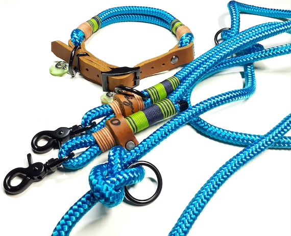 Rope Set Dog Collar Dog Leash Rope Collar Set in Aqua Turquoise With Adjustable Fat Leather Buckle in Cognac Personalized Etsy Canada