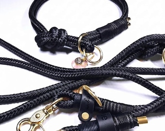 Black rope dog collar and leash | 3-way adjustable shoulder leash, 2.5 m | Rope set for all dog sizes