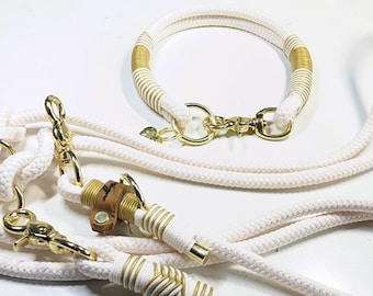 Rope Set Wedding Dog Collar Dog leash rope collar set in creamy white/gold and brass fittings personalized