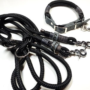 Tau Set Hundehalsband Hundeleine Halsbandset aus PPM in schwarz mit verstellbarer Lederschnalle personalisiert