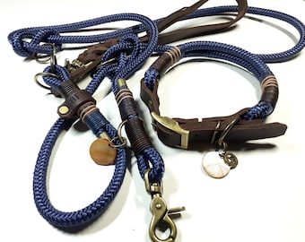 Dog collar dog leash collar set rope set in navy blue personalized with name engraving and adjustable grease leather buckle in brown