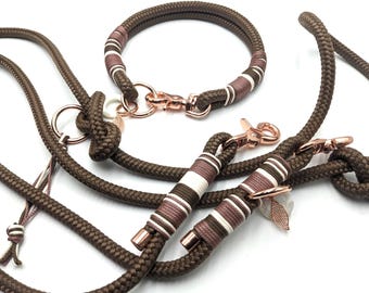 Rope collar in brown | 3-way adjustable dog leash in 2.5 m | Rope set in brown