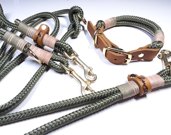 Collar dog leash short lead in set made of olive-colored rope with brass fittings personalized