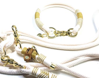 Dog Wedding Set Cream White Gold – Rope Collar & Leash 2.5 m Adjustable – Real Brass – 6 mm 8 mm 10 mm for Small and Large Dogs – Handmade