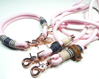 Dog collar dog leash collar set made of rope in rose with leather rigging personalized