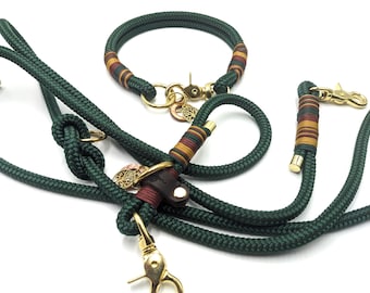 Hundehalsband und Leine Set in Dunkelgrün Tau Messing personalisiert, Tauleine 3-fach verstellbar, Tauseil Set für kleine und große Hunde