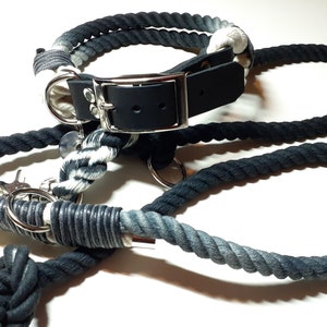 Hundehalsband verstellbar | Hundeleine 2m, 3fach verstellbar | Hunde Leinenset aus Baumwolle | Tau Set handgefärbt in Ombre schwarz