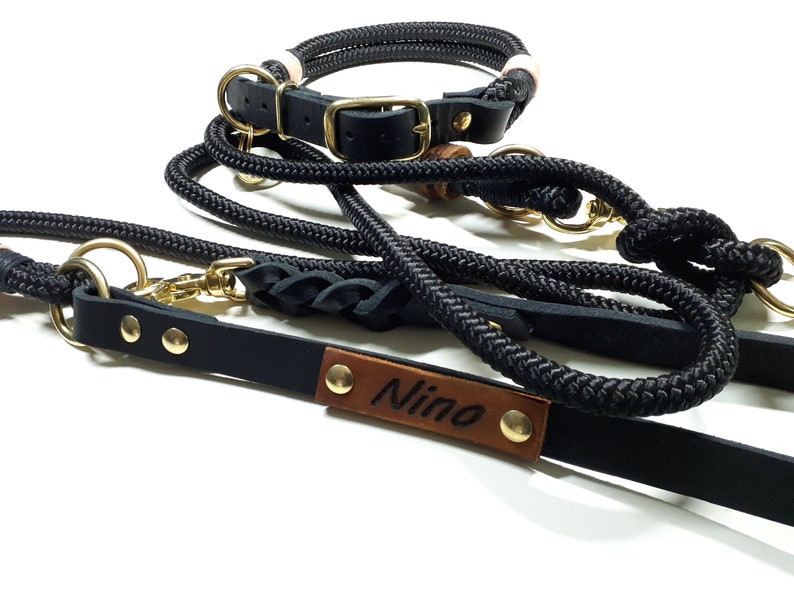 May include: A black leather dog collar with a gold buckle and a matching black leather leash with a brown leather name tag that says "Nimo". The leash is attached to a black rope leash with a gold clasp.