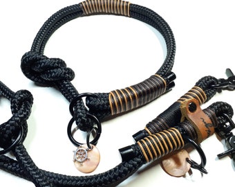 Martingale collar with knot stopper | 3-way adjustable dog leash 2.5 m black | Rope set in black
