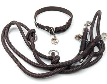 Dog set: martingale collar, brown oiled leather & 2.5m adjustable rope leash, handmade in dark brown | customizable | all dog sizes