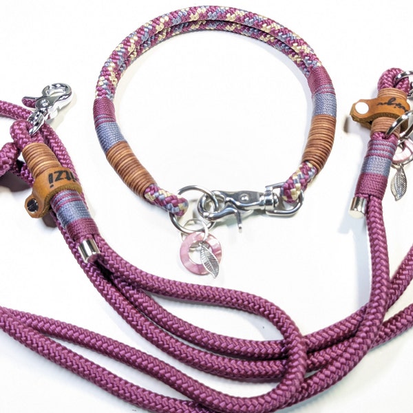 Dog collar dog leash collar set rope set in classy bordeaux personalized