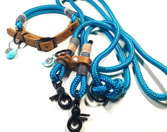 Tau Set Dog Collar Dog Leash Taucollar Set Personalized in Aqua Turquoise with Adjustable Fat Leather Buckle in Cognac