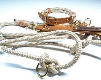 Adjustable dog collar | Dog leash 2 m in beige | with leather hand loop | 3-way adjustable | personalized with name
