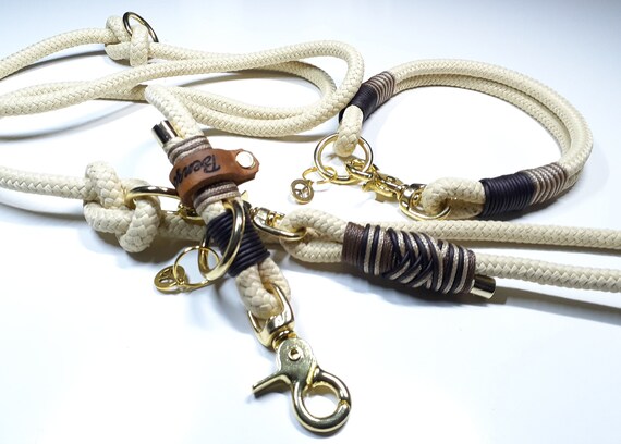 Hundehalsband Hundeleine aus Tau in beige personalisiert