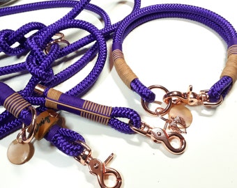 Dog collar Dog leash collar set made of PPM in purple with partial leather rigging and rose gold fittings personalized