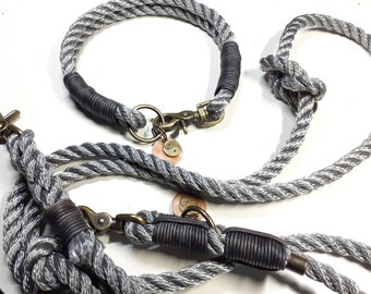Dog collar dog leash rope set made of twisted PPM in silver gray with leather rigging personalized