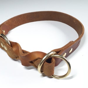 Pull stop dog collar made of fat leather in cognac with brass fittings personalized