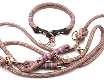 Martingale collar | Dog collar | 2.5 m dog leash in antique rose | 3-way adjustable | Rope and leather combination | Personalizable with name