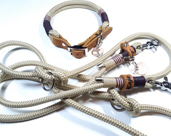 Adjustable dog collar | 2.5 m beige dog leash | 3-way adjustable shoulder leash | Personalized rope set with name