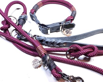 Adjustable rope/leather dog collar | 3-way adjustable 2m dog leash | Personalized purple rope set with leather hand strap