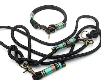 Martingale collar | Dog collar | Dog leash 2.5 m black | 3-way adjustable | Rope and leather combination | Personalizable with name