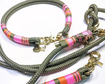 Handmade set: Rope collar and dog leash in olive, pink, and orange – Elegant sailing rope set for small and large dogs, 6 mm, 8 mm, 10 mm