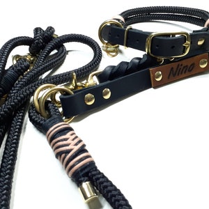 May include: Black rope dog leash with a pink and black braided accent and a gold metal clasp. A black leather dog collar with gold hardware and a brown leather tag that says "Nino".