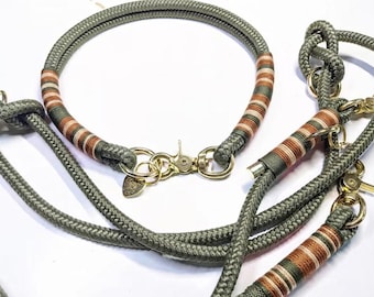 Individually adjustable 2.5 m rope dog leash in olive green | Rope collar with carabiner closure – Elegant sailing rope set
