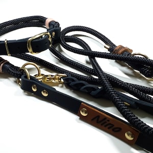 May include: Black leather dog collar and leash set with a gold buckle and a brown leather tag that says "Nino".