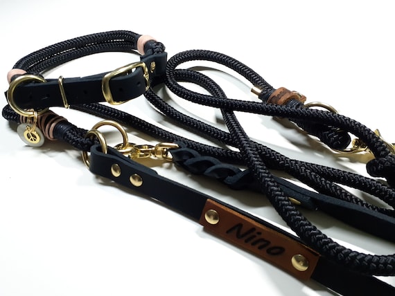 Tau Set Hundehalsband Hundeleine Tauhalsbandset mit Namensgravur und verstellbarer Fettlederschnalle in schwarz mit Beschlägen aus Messing