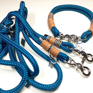 Rope set dog collar Dog leash Dog collar set in PPM and leather personalized in aqua