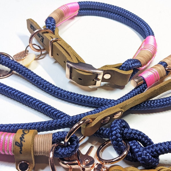 Tau Set Hundehalsband Hundeleine Tauhalsbandset mit Namensgravur in dunkelblau/pink mit verstellbarer Fettlederschnalle in Cognac