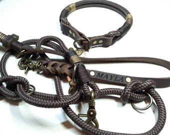 Rope and leather martingale collar | 3-way adjustable 2m dog leash in dark brown with leather hand loop | Personalizable with name
