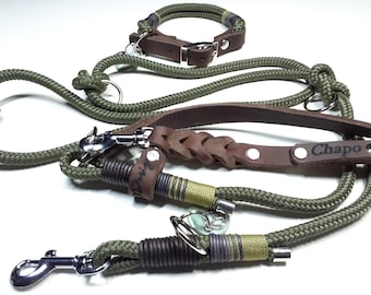 Adjustable dog collar | Rope-leather dog leash 2 m in olive | Leather hand strap in brown | Personalized gift for dog lovers