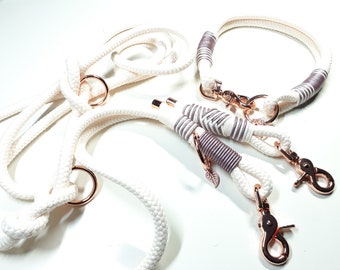 Dog collar with carabiner closure | 2.5 m dog leash in cream white | 3-way adjustable shoulder leash | Customizable rope set for weddings