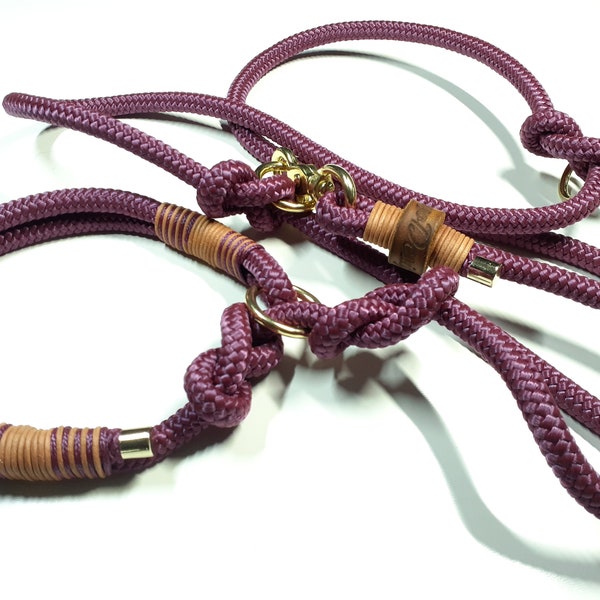 Tau leash retriever leash Moxon leash personalized in purple with brass fittings and partial leather rigging