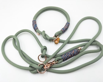 2m Retriever Leash, Triple Adjustable | Sage Green Moxon Leash with Double-Row Collar | Premium Rope Dog Leash, Triple Adjustable
