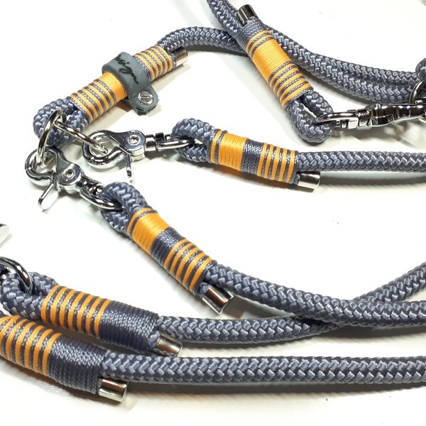Dog coupling set twin leash coupling leash dog leash personalized in gray and orange