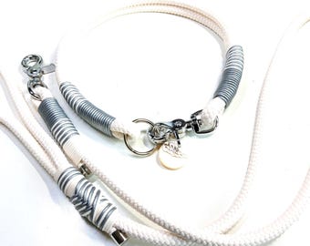 Dog collar for weddings | Dog leash for weddings in 1.2 m | Rope collar set in cream-white and silver-grey