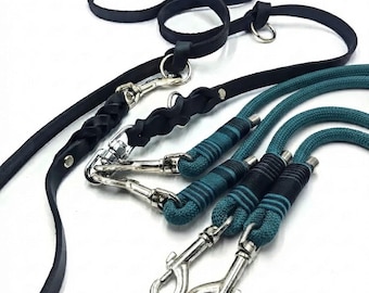 Dog leash set | 2 m leather leash, 3-way adjustable | Premium rope couplings in petrol | Total length 3 m | Customizable