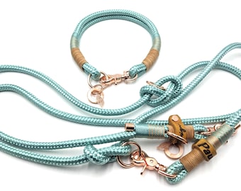 Rope set dog collar and leash "SWEETHEART" made of PPM in mint green with leather piping, personalized